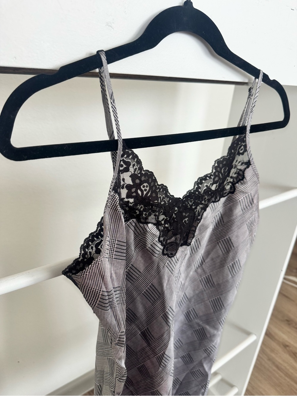 Source Unknown Black & Gray Plaid Lace-Trim Chemise